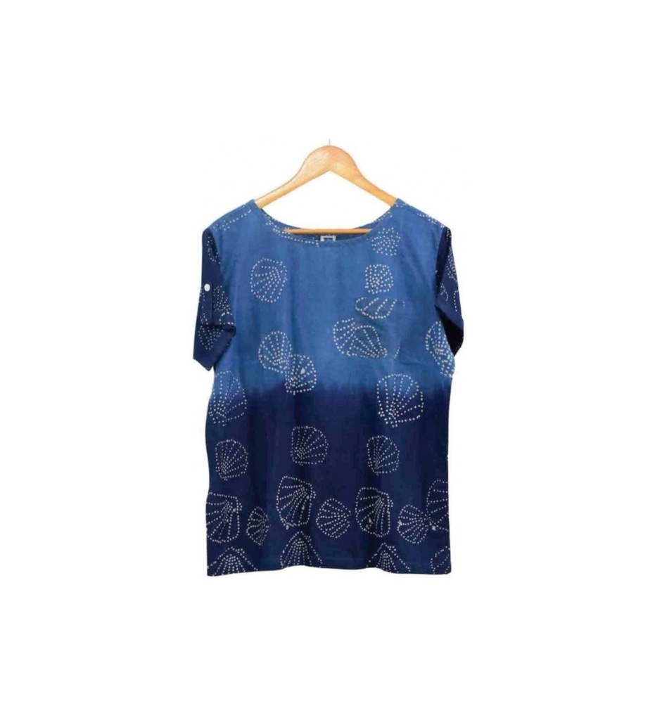 WOMEN'S POCKET TOP, 2xBLUE, OMBRE, BATIK-SEASHELL, COTTON