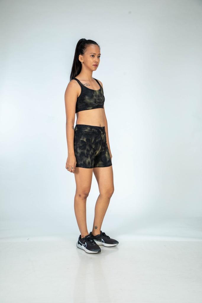 SPORTS SHORTS, GREEN-KHAKI, SHIBORI CRUSHING, COTTON