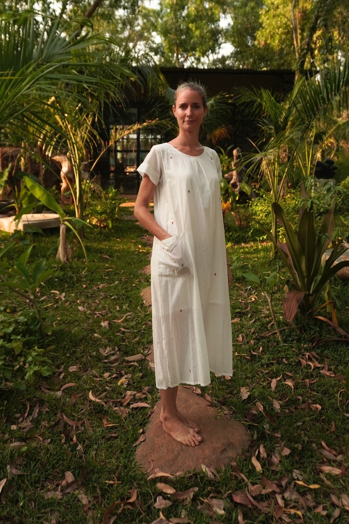 LAVANYA DRESS, WHITE, EMBROIDERY-CONE TREES, COTTON