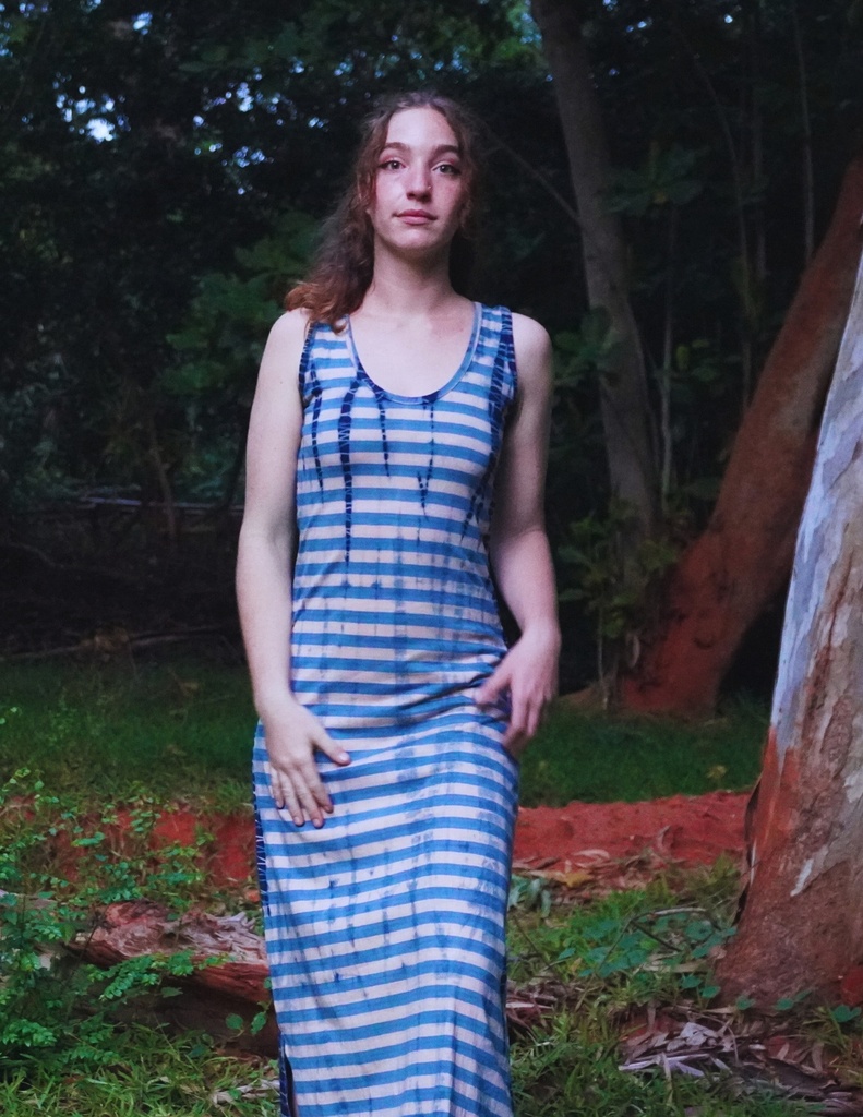 STRIPED DRESS, PINK-BLUE, SHIBORI TIE-DYE, KNITTED, JERSEY COTTON