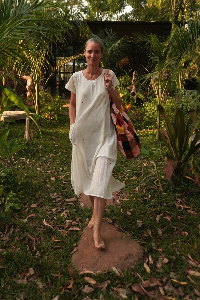 LAVANYA DRESS, WHITE, EMBROIDERY-CONE TREES, COTTON