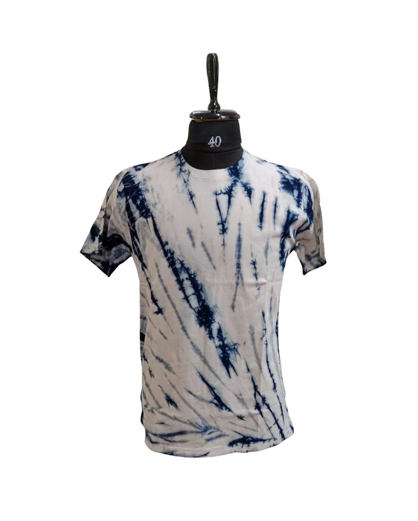 T-SHIRT, WHITE-BLUE, SHIBORI-TWISTING, COTTON