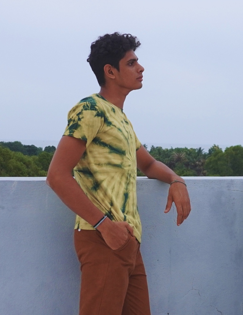 T-SHIRT, YELLOW-GREEN, SHIBORI TIE-DYE, COTTON