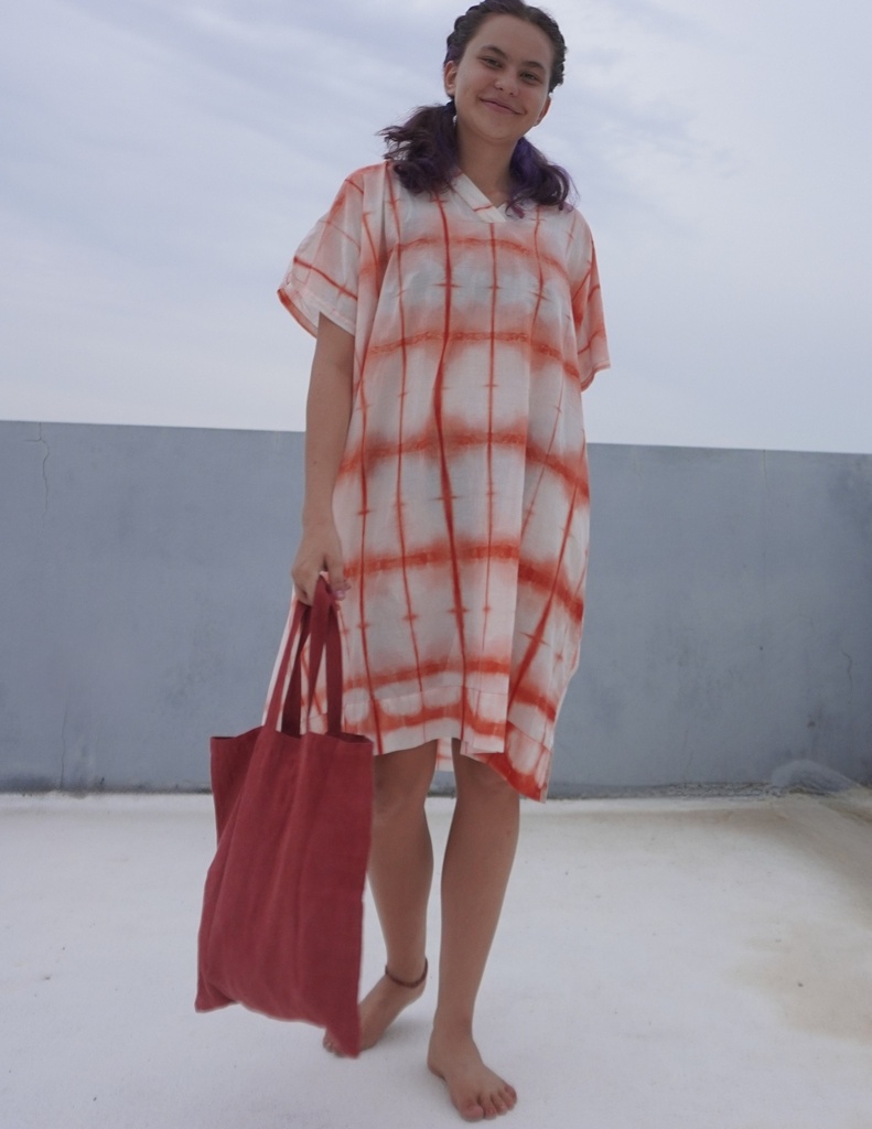 SHORT SLEEVE KAFTAN, ORANGE-WHITE, SHIBORI_CLAMP, COTTON