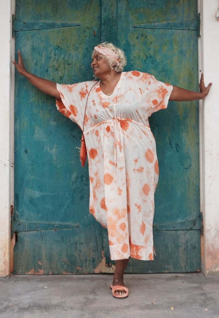 MAXI STRING KAFTAN, ORANGE-WHITE, SHIBORI, COTTON