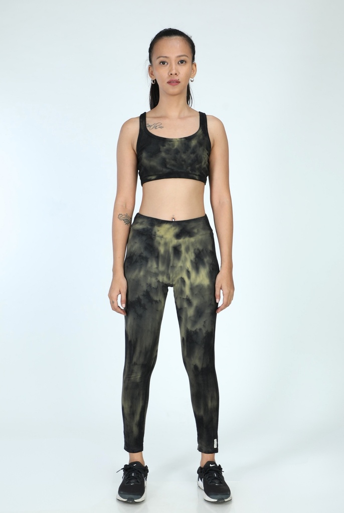 YOGA LEGGINGS, GREEN-KHAKI, SHIBORI CRUSHING, COTTON