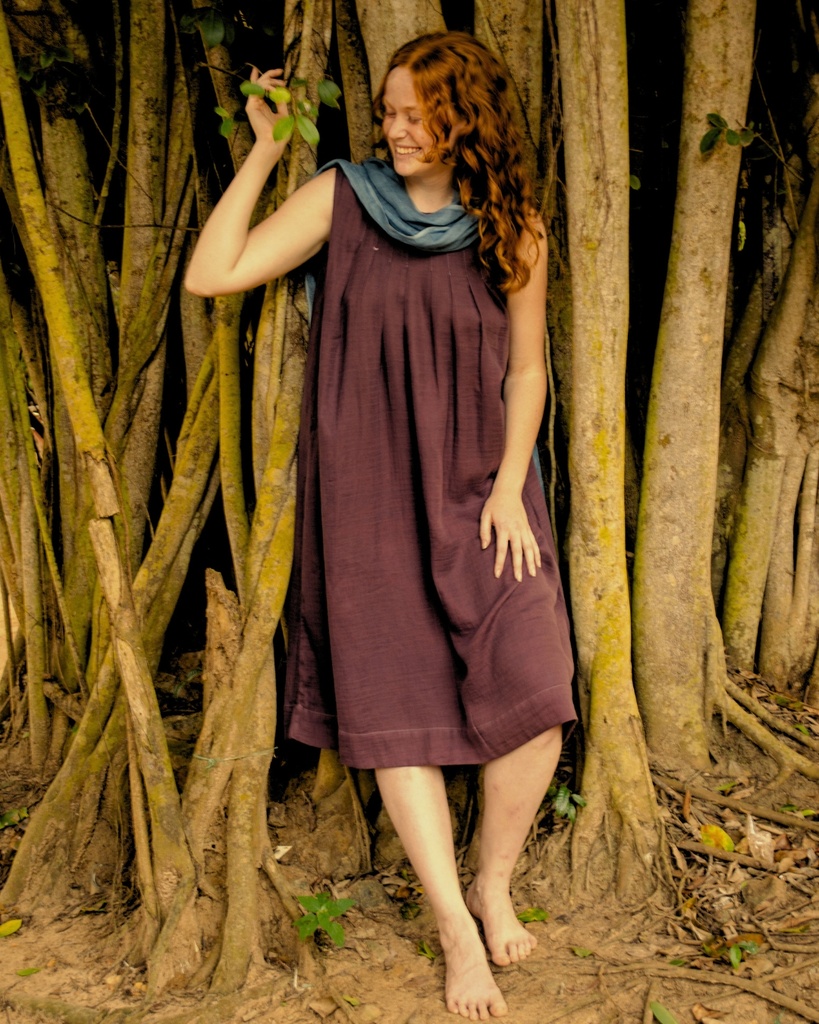 PLEATED DRESS, PURPLE C0200, PLAIN, COTTON