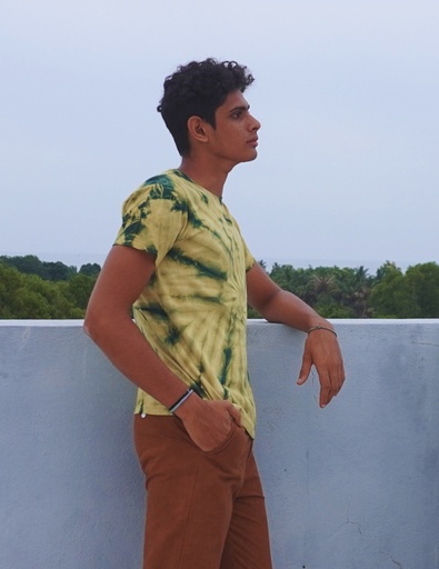 T-SHIRT, YELLOW-GREEN, SHIBORI TIE-DYE, COTTON