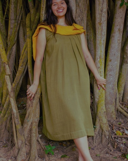 PLEATED DRESS, KHAKI GREEN C011, PLAIN, COTTON